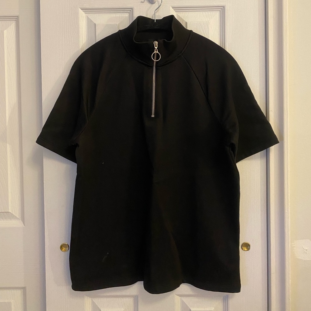 Black mock neck half zip short sleeve shirt